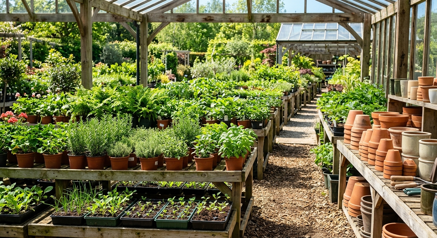 Potted plants and seedlings on benches in a sunny garden centre
