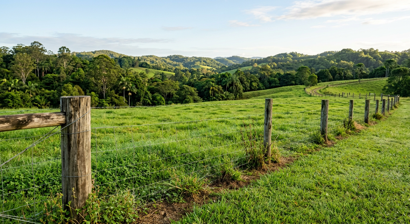 Green rural paddock with a timber post and wire fence and hills beyond